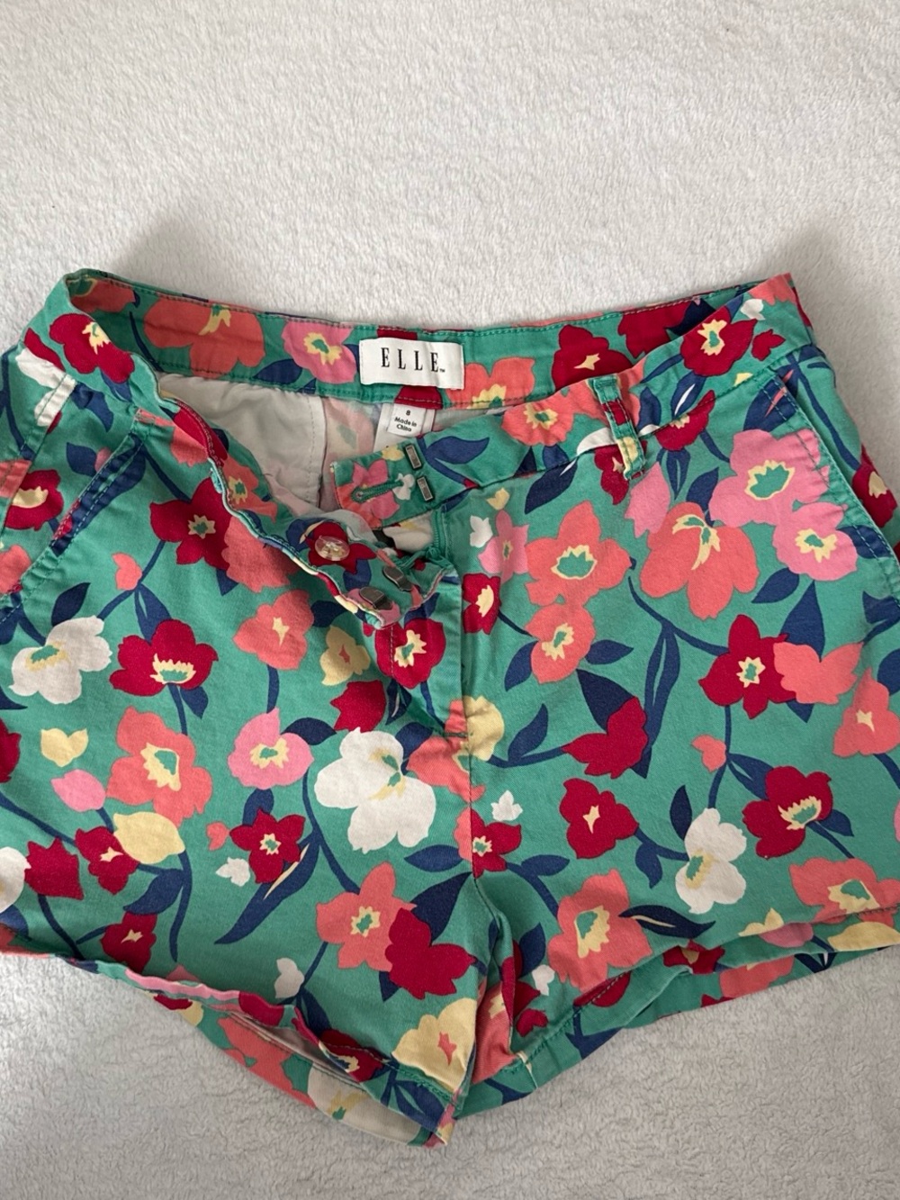 ELLE Mint Floral Cargo Shorts with Red & Pink Blooms